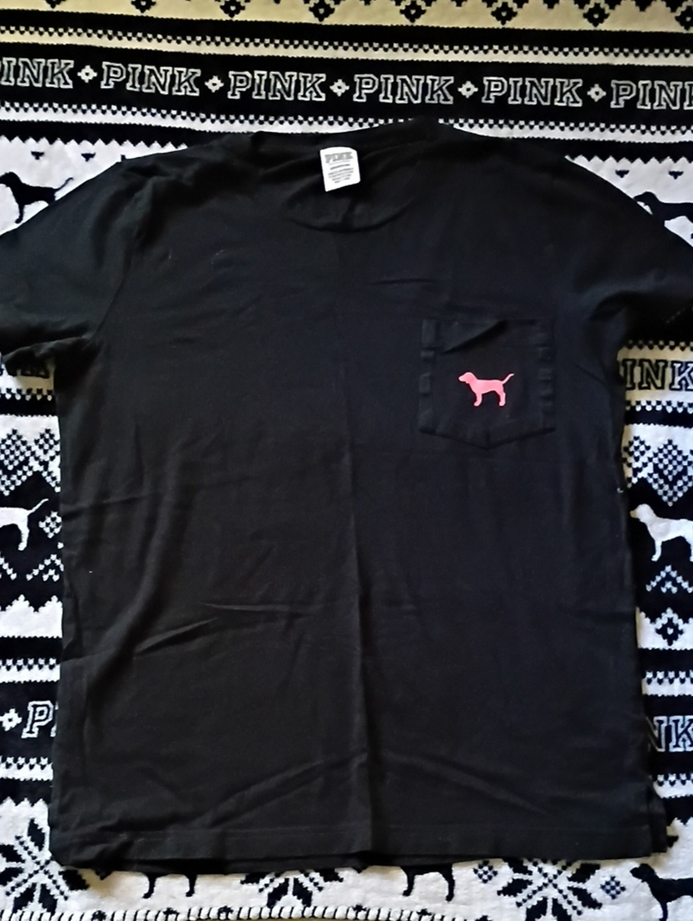 PINK Victoria's Secret Black Pocket T‑Shirt with Pink Logo on The Back